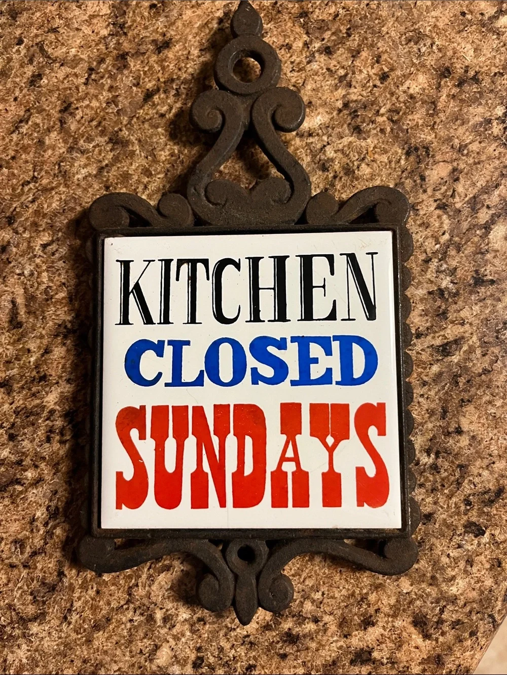 Kitchen Closed Sundays cast iron trivet